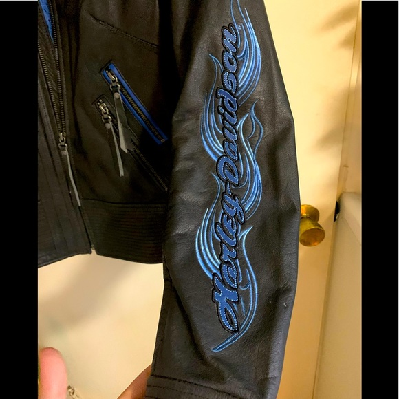 Harley Davidson black leather blue flames jacket S - Picture 5 of 9